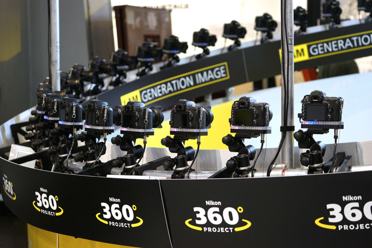 Nikon cameras are arranged at the company's booth for a 360 degree photo at the International Consumer Electronics show in Las Vegas