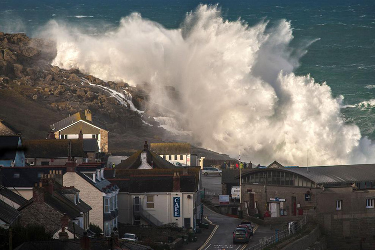 High Winds and Waves Batter the Seafront at Sennen Cove